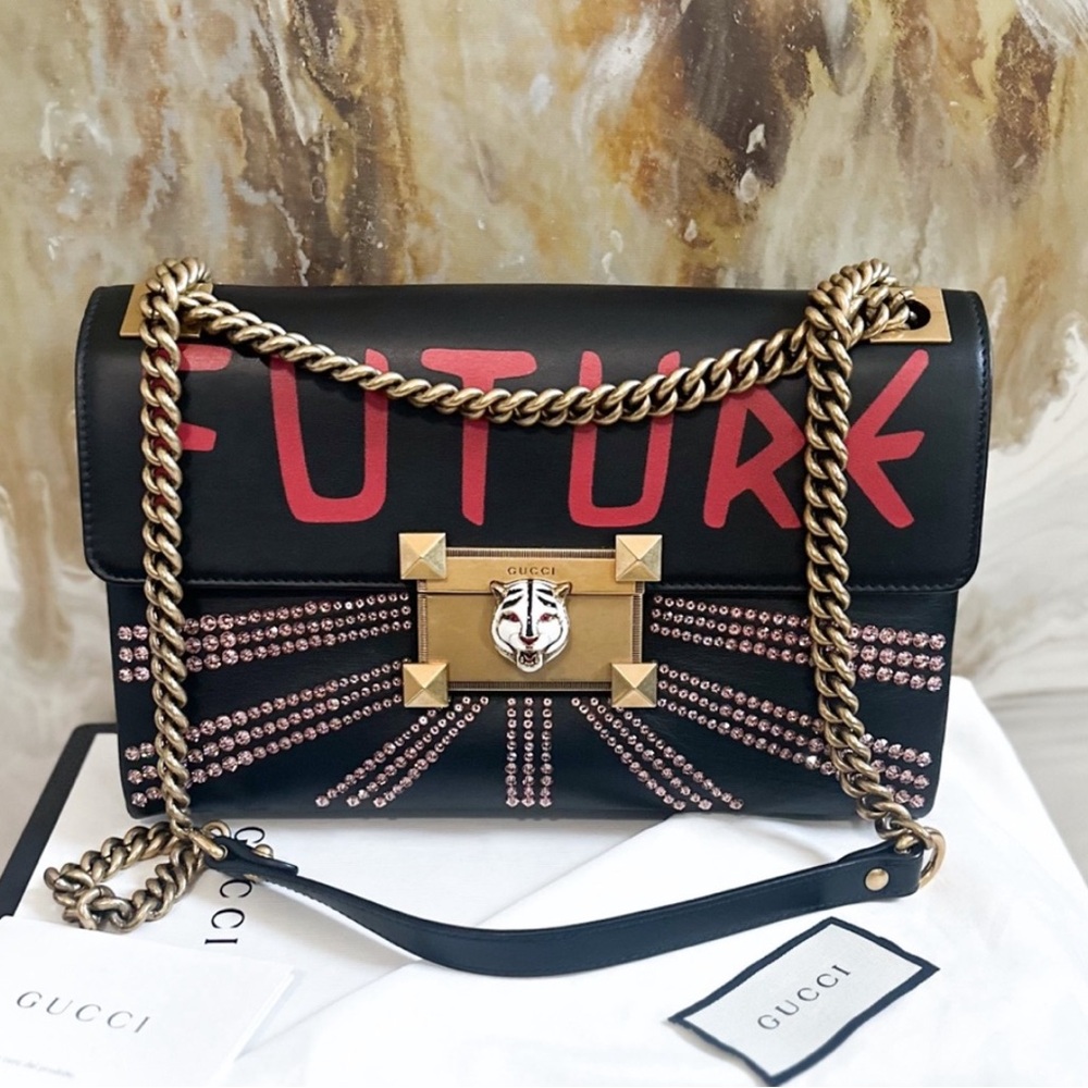 $4700 Gucci Linea A Future Black Crystal Leather Tiger Chain Shoulder Bag